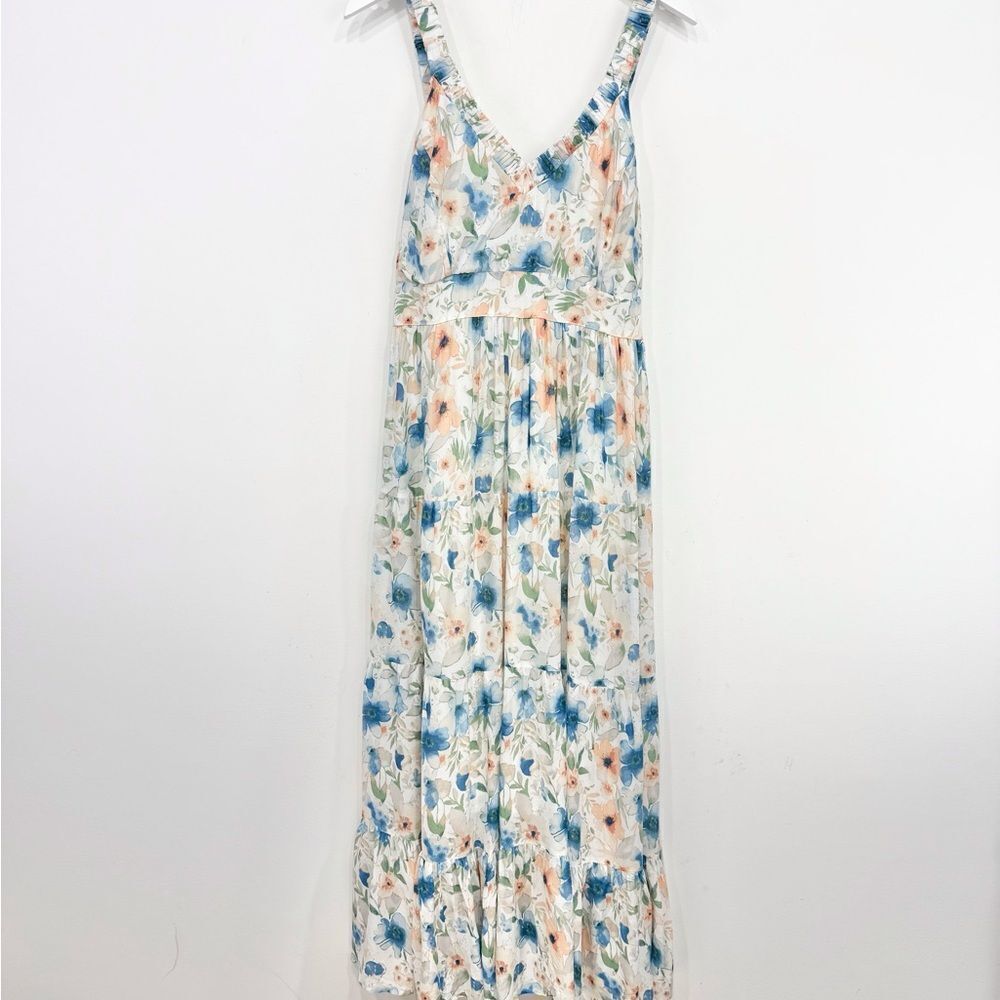 Penelope Rose White Blue Peach Floral V Neck Tiered Maxi Tank Dress NEW